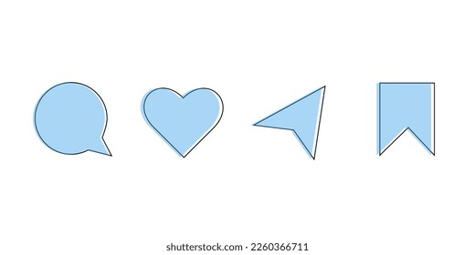 Set of social media, app, website user interface icons. Comment, like, share, save, bookmark.