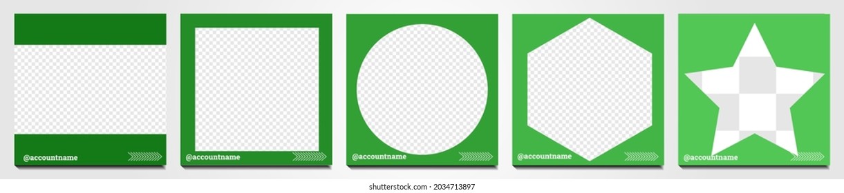 Set of social media background suitable for social media posts, feeds, and stories. Abstract shapes for pictures and multiple green color combinations.