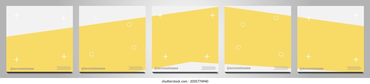 Set of social media background suitable for social media posts, feeds, and stories. Abstract shapes for pictures and multiple abstract pastel yellow, overlay strips, and simple white decorations.
