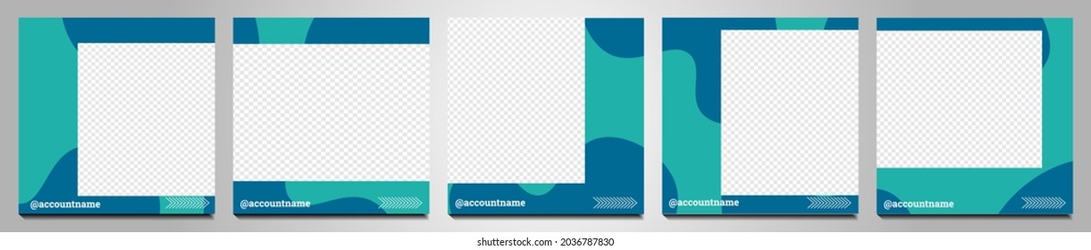 Conjunto de antecedentes en medios sociales adecuados para publicaciones, fuentes e historias en medios sociales. Formas cuadradas para imágenes y múltiples cuadros abstractos de color azul y blanco y decoración sencilla de color blanco.