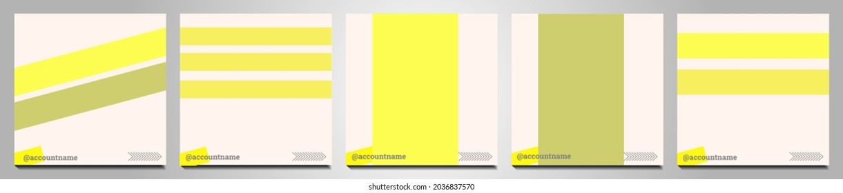Conjunto de antecedentes en medios sociales adecuados para publicaciones, fuentes e historias en medios sociales. Formas cuadradas para imágenes y múltiples cuadros abstractos de color amarillo suave y blanco, así como una decoración sencilla de color blanco.