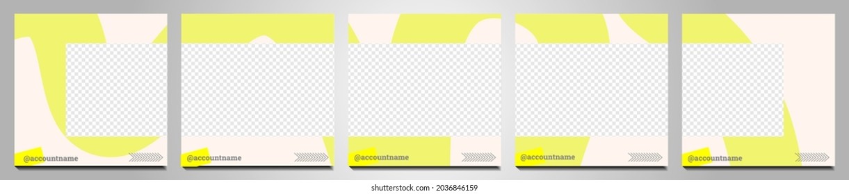 Set of social media background suitable for social media posts, feeds, and stories. Square shapes for pictures and multiple abstract soft-yellow and white squares and simple white decorations.