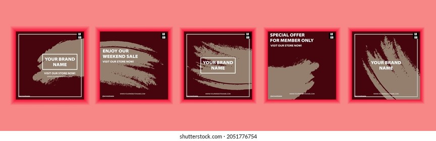 Set of social media background template design with dummy text and abstract brush shapes in white color. It is suitable for social media posts and stories.