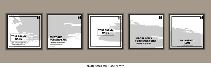 Set of social media background template design with dummy text and abstract brush shapes in white color. It is suitable for social media posts and stories.