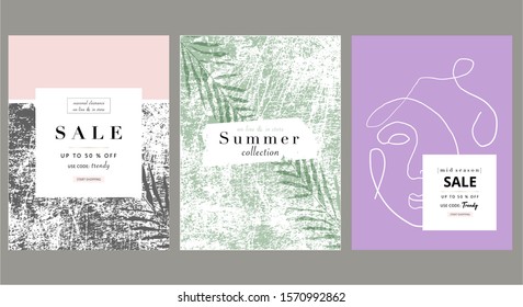 Set of social media banner templates for advertising new arrivals or seasonal sales promotion. trendy  marble rock grunge textured background with botanical elements and line art face detail