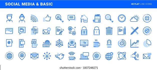 Set of social media and basic office flat line icons. Vector concepts for website and app design and development.