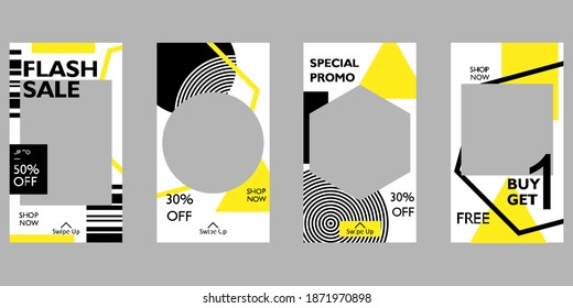 Set of social media black and yellow square banner templates. background with shapes. Suitable for social media posts and internet web, smartphones, advertisements, vector illustrations.