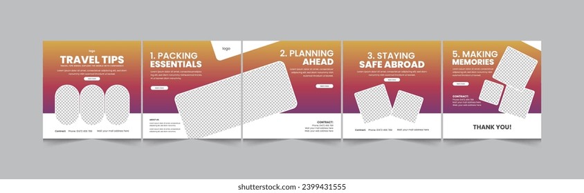 Set of social media carousel for travels, social media carousel post template for tourism or agents,  Social media carousel post template, set of  carousel for travels, creative square banner