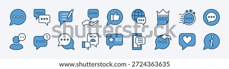 Set of social media comment icon. Contains Speech bubble, conversation, talk, write, feedback, fast response, inbox, satisfaction, information, like button, global communication - vector illustration