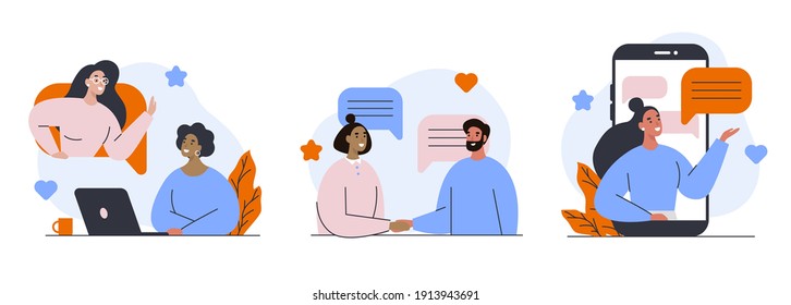 Set of social media communication illustrations. Online meeting and chatting with friends or coworkers. Flat vector illustration.