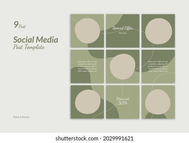 Set Of Social Media Design Instagram Post Template For 9 Post With Puzzle And Pastel Style. Suitable For Promotion And Branding Of Fashion, Beauty, Salon, Etc