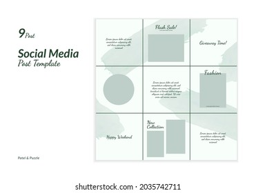 Set Of Social Media Design Instagram Post Template For 9 Post With Puzzle And Pastel Style. Suitable For Promotion, Advertising And Branding Of Fashion, Beauty, Cosmetic, Women Product, Etc