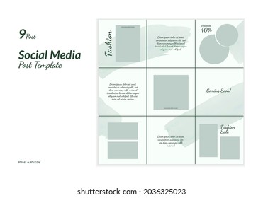 Set Of Social Media Design Instagram Post Template For 9 Post With Puzzle And Pastel Style. Suitable For Promotion, Advertising And Branding Of Fashion, Beauty, Cosmetic, Women Product, Etc