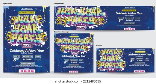 A set of social media designs, posters, flyers, banners, and invitation templates in Graffiti Style. Colorful Music Party , New Year Party, Dance Party Design