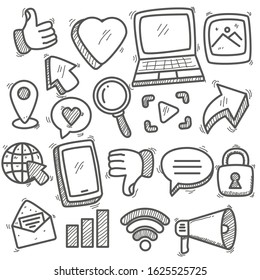 Set of social media doodle elements in hand drawn style isolated on white background 