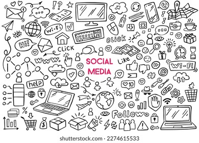 Set of social media doodle on white background. Social media design elements. Internet doodles. Vector illustration.