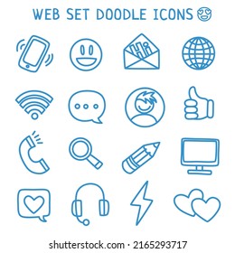 Conjunto de íconos vectores de doodle de medios sociales, colección de tarjetas de visita e interfaz web dibujos animados de línea, ilustración de contorno de computadora aislada en fondo blanco