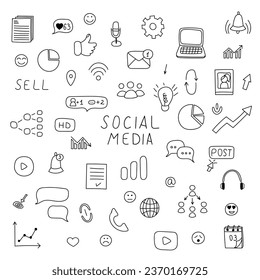 Set of Social media doodles. Marketing. Users, infographics, likes, comments, chat. Hand drawn illustration on white background. Doodles are suitable for presentations, notebooks, planners.