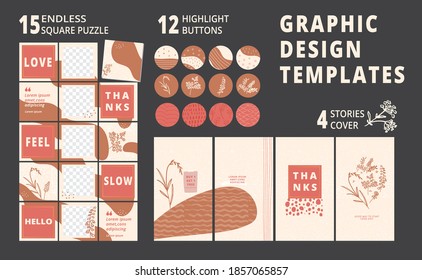 Conjunto de medios sociales editable interminable diseño de collage de plantillas de rompecabezas cuadradas, botones de resaltado, portada de historias. Tragedia para el blog. Ilustración vectorial de fondo abstracto para tarjeta, afiche, aplicación