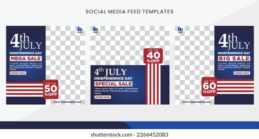 set of Social media feed post banner template for US independence day celebration sale. Banner vector for social media ads, web ads, business messages, discount flyers and big sale banners. eps10.