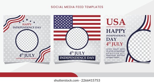 Set of social media feeds post template with  blue, red, white and gray background for US independence day design. eps10