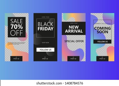Set of social media frames templates. Story design. Promotion of discount in social network. Abstract colorful fluid shape. Swipe up button, black friday, sale, new arrival.