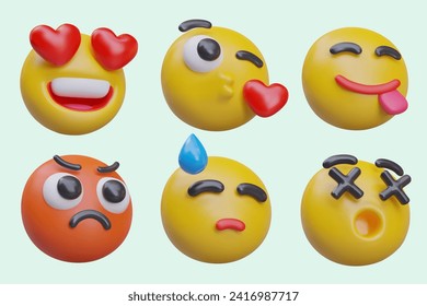 Set for social media. Funny emoticons on green background. Emotion of love, happiness. Emoticon with angry and shocked reactions. Vector illustration in 3d style