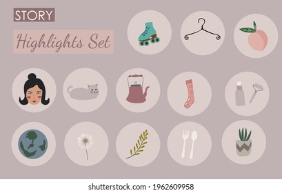 Set Social media highlight covers.Stories contemporary style, round icons, vector ilustration.Or great for stickers.