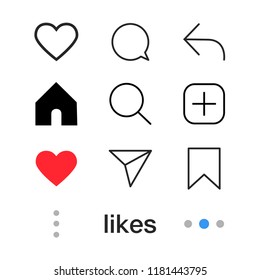 Icono de conjunto de medios sociales. Amor, comentario, compartir, hogar, perfil, me gusta, búsqueda, etc signo vectorial