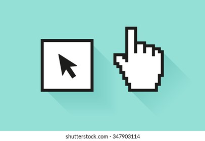 Set of social media icon. Pixel hand and botton with cursor arrow