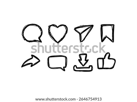 Set of social media icon in scribble doodle style include Thumbs up, repost, share, like, comment, love, download, bookmark or save, and direct message. Vector on isolated white background