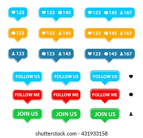 Set social media icons and buttons. Follow us, Follow me and Join us colorful labels. Vector illustration for social networks, blogs, websites. Icons Like, Follower, Comment.