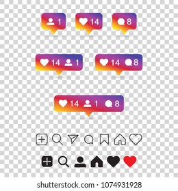 Set of social media icons inspired by Instagram: like, follower, comment, home, camera, user, search. EPS10 Vector illustration