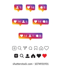 Set of social media icons inspired by Instagram: like, follower, comment, home, camera, user, search. EPS10 Vector illustration