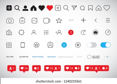 Set of social media icons inspired by Instagram: like, follower, comment, home, camera, user, search. EPS10 Vector illustration