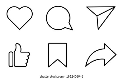 Set of social media icons. Instagram like, share, comment, love, repost and save. Silhouette flat line art symbols