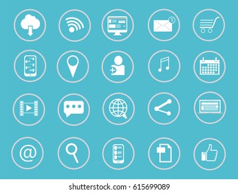 Set social media icons. Isolated on light blue background. Icons in the circle. Simple linear design