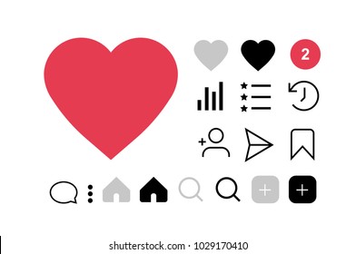 Set of social media icons like, follower, comment, home, camera, user, search. Vector illustration. Instagram interfase icons set. Flet icons instagram.