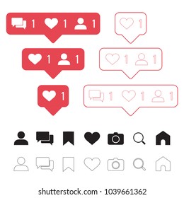 Set of social media icons: like, follower, comment, home, camera, user, search, tab. Vector illustration