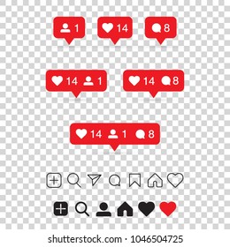 Set of social media icons : like, follower, comment, home, camera, user, search. EPS10 Vector illustration