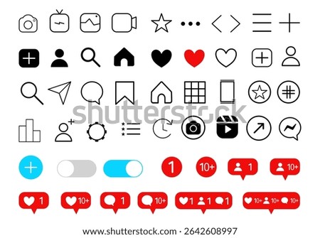 Set of social media icons, Social media notifications icon, like, follower, home, camera, user, search, bubble, comment and view buttons. Vector illustration design.