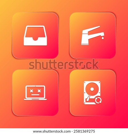 Set Social media inbox, Water tap, Dead laptop and Hard disk drive HDD sync refresh icon. Vector