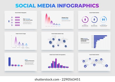 Conjunto de diapositivas de presentación de infografía en medios sociales. Gráficos, mapas y diagramas estadísticos. Ilustración vectorial para la visualización de datos empresariales