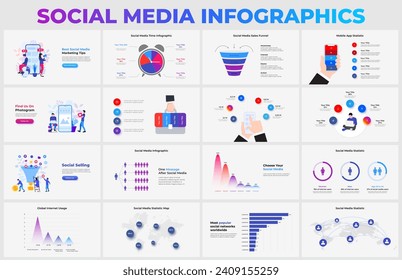 Conjunto de diapositivas de presentación de infografía en medios sociales. Embudo de ventas, teléfono móvil, gestión del tiempo, gráficos, mapas y diagramas estadísticos