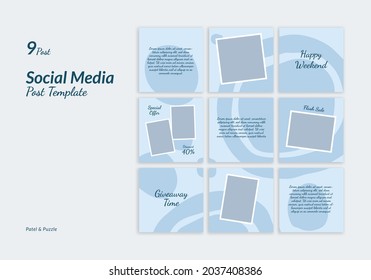 Set Of Social Media Instagram Design Post Template For 9 Post With Puzzle And Pastel Style. Suitable For Promotion, Advertising And Branding Of Fashion, Beauty, Cosmetic, Women Product, Etc