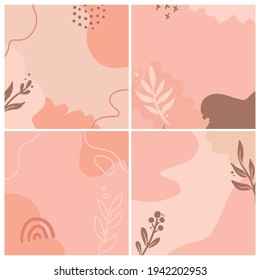 Set of social media, instagram post, story template with abstract, floral, plant shape. Sketch style illustration for beauty background, poster template. Pastel color in brown tones.