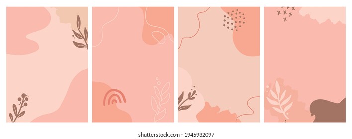 Set Of Social Media, Instagram Post, Story Template With Abstract, Floral, Plant Shape. Sketch Style Illustration For Beauty Background, Poster Template. Pastel Color In Brown Tones.