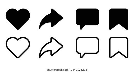 Set Of Social Media Interaction Icons. Like, Comment, Share, Save Symbol. Vector Illustration.