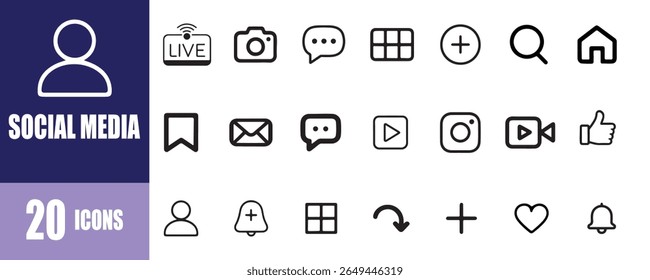 Set of Social Media interface Icons, Line Vector Style on White Background