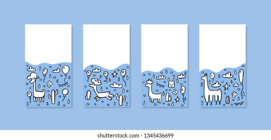 Set of social media Lama templates for stories. Collection of backgrounds in doodle style with empty space for text. Vector illustration.